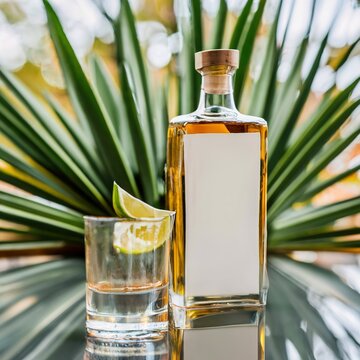 Bottle and cup of tequila with lime and agave background concept mexico drink