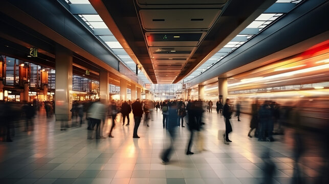 A bustling airport terminal filled with hurried travelers, reminiscent of a busy train station depot