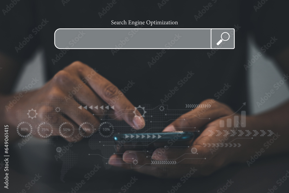 Poster businessman using smartphone to search for customers and optimize content with seo tools. digital ma