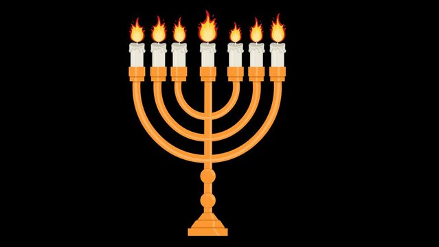 video animation hebrew candelabrum cartoon with the candles moving, on a transparent background with zero alpha channel