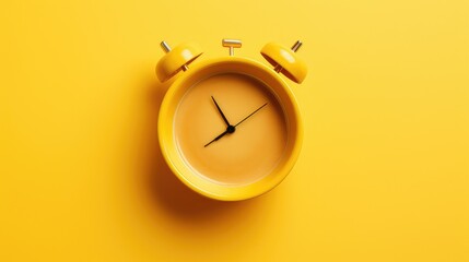 Alarm clock and coffee concept on yellow background. Top view. generative AI  - obrazy, fototapety, plakaty