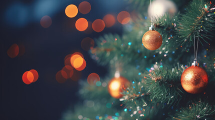 Obraz na płótnie Canvas Closeup of christmas tree with blurred bokeh background