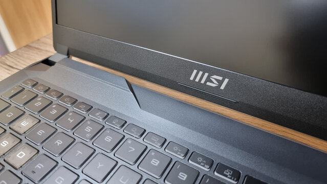 MSI Logo closeup view on MSI Cyborg 15 gaming laptop. 12th gen i7 processor with Nvidia RTX 4060 8GB Graphics, having 15.6" 144Hz screen. Dubai, United Arab Emirates- September 16, 2023