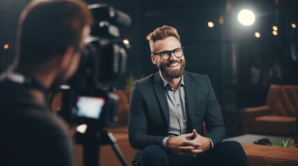 Laughing actor, during an interview. Cameraman records the broadcast. Behind the scenes of a TV production - obrazy, fototapety, plakaty
