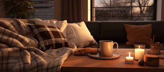 A warm inviting living room with comfortable furniture and a cozy vibe Interesting objects displayed on a distinctive table include glasses a mug of coffee and a patterned throw