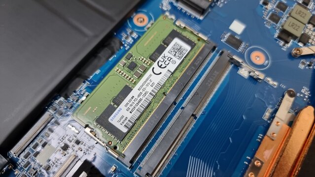 2 DDR5 RAM slot Inside of MSI Cyborg 15 gaming laptop. 12th gen i7 processor with Nvidia RTX 4060 8GB Graphics, having 15.6 inch 144Hz screen. Dubai, United Arab Emirates- May 16, 2023