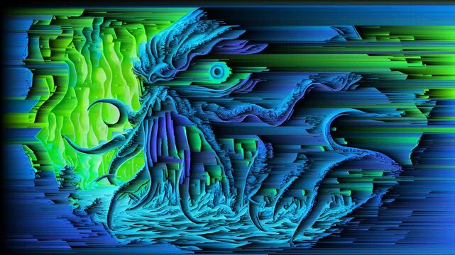 Cthulhu Trippy Blacklight Poster Style VJ Seamless Animation Looping Video Neon Colors Strange Nightmare Gods HP Lovecraft Halloween Monsters Tentacle Sea Kraken Otherworldly Alien Scifi Fantasy