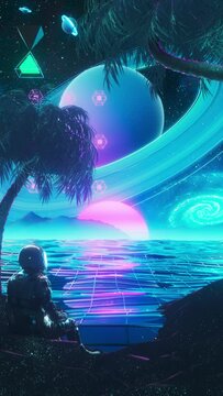 Vertical video Retrowave synthwave loop animation with Astronaut ocean and planet - perfect for social media