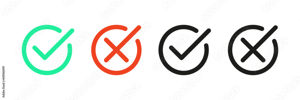 Aufkleber check mark icon button set. check box icon with right and wrong buttons and yes or no checkmark icons in green tick box and red cross. vector illustration