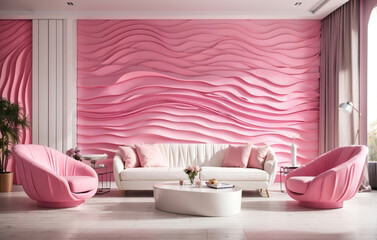 White Pink Armchair and Chairs on Curved Pink 3D Wall inside Modern Style Room, using Generative Ai