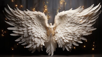 white angel with wings, wood background 