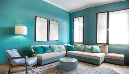 Minimalist living room in turquoise tones