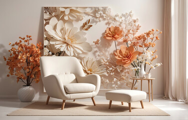 Chair inside Modern Room on Floral White Wall, Interior Modern Room, using Generative Ai
