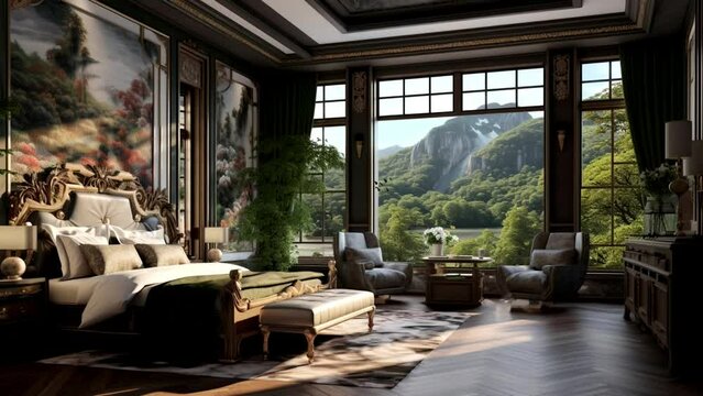 living room interior design with large windows view, european style, seamless looping video background animation, cartoon style