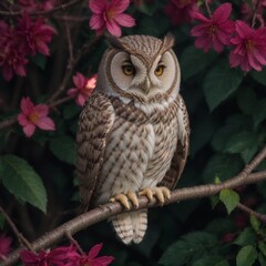 Obraz premium Owl an a branch in the maroon flowers garden