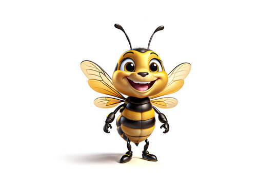 3D cartoon style smiling happy honey bee standing on an isolated empty white background - Generative AI