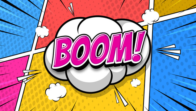 boom comic background with cloud, dot halftone and cartoon zoom element