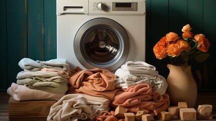 Laundry in the laundry room with a washer and dryer in the background. Generative AI.  - obrazy, fototapety, plakaty