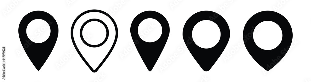 Poster a collection of flat-style vector icons depicting symbols for location, map pins, place markers, map