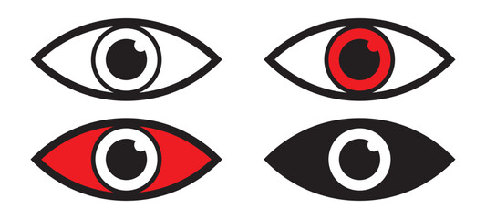 A collection of eye icons in a stock vector, including eyesight symbols, retina scan eye icons, simple and demon red eyes representations, and eye silhouettes.