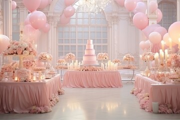 Wedding candy bar with pink balloons, cake and desserts. - obrazy, fototapety, plakaty