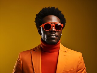 Fototapeta premium African-American man wearing sunglasses and yellow clothes is posing. suitable for advertising