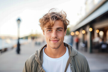 Beautiful attractive young man with blonde hair. Enjoying outdoors at a lively boardwalk lined with shops and restaurants, emphasizing a carefree spirit