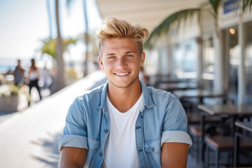 Beautiful attractive young man with blonde hair. Enjoying outdoors at a lively boardwalk lined with shops and restaurants, emphasizing a carefree spirit - obrazy, fototapety, plakaty