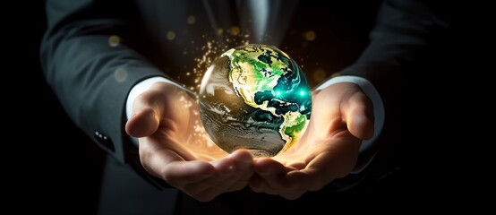 Earth, hand holding earth, small earth, technology, business man in suit holding glittering earth on black background