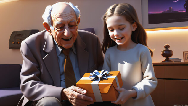 generated digital painting of little girl birthday with grandpa