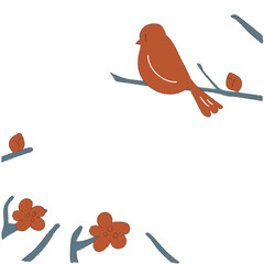 シンプルなタッチで横向きの可愛い鳥が木にとまっている様子を描いたベクターイラスト