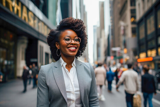 Portrait of a proud, confident African American woman business executive walking on a downtown New York City