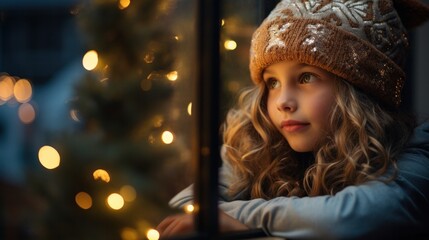 A heartwarming picture featuring a child gazing out the window on Christmas night, illuminated by the soft and welcoming radiance of festive lights.