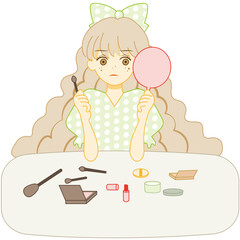 ウェーブヘアーの顔がシミだらけの女の子が机に座って鏡を見ながらメイクをしている様子のベクターイラスト