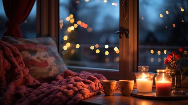 Enchanting image of a window bathed in the gentle, inviting glow of Christmas garlands, evoking a cozy and warm ambiance.