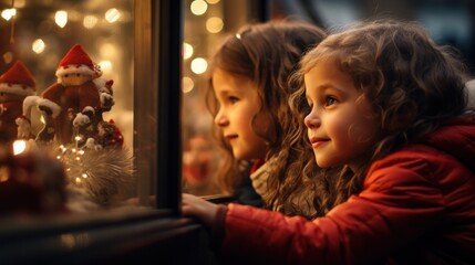 Little children look out the window at the Christmas tree