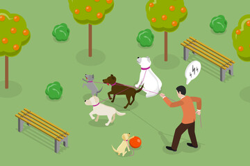 3D Isometric Flat Vector Conceptual Illustration of Walking with Dogs, Strolling with Pets on a Leash