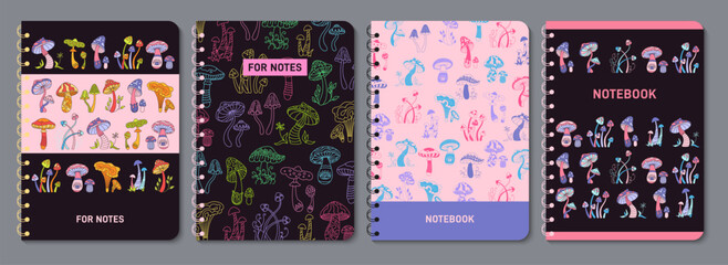 Mushrooms stylizes retro notebook cover set. Poisonous psychedelic fungus abstract design for planner, brochure, book, catalog. Notepad with mystical boho mushrooms. Decorative layout page template - obrazy, fototapety, plakaty