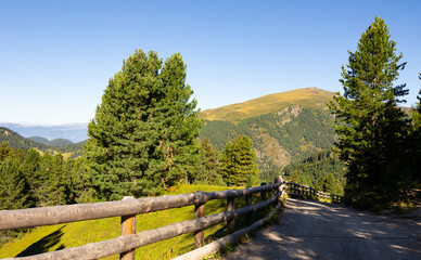 Mountain landscape with rustic fence, Munt de Fornella in Dolomites mountains, South Tyrol, Italy