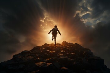A man jumps into the abyss from a high mountain from a cliff against the backdrop of the rising sun. Generative AI.
