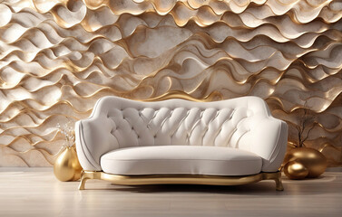 Obraz premium White Golden Armchair with Decoration on 3d White Gold Wavy Wall Background, Modern Living Room Interior, using Generative Ai