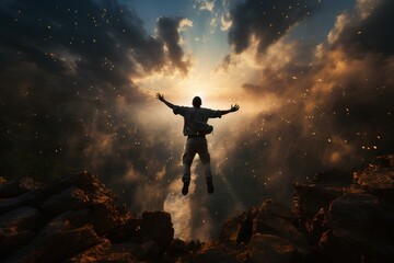 A man jumps into the abyss from a high mountain from a cliff against the backdrop of the rising sun. Generative AI.