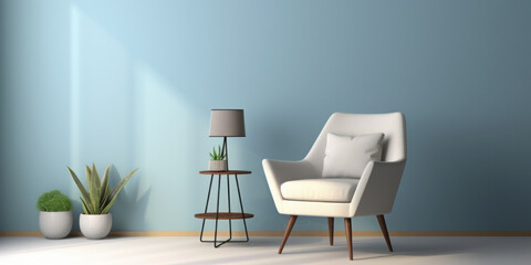 living room interior mockup in warm tones with armchair on empty light blue wall background, generative AI