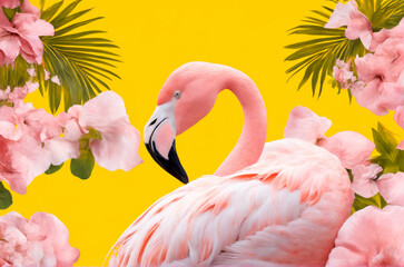 Naklejka premium Eye Catching Pink Flamingo in Yellow Setting, AI Generated