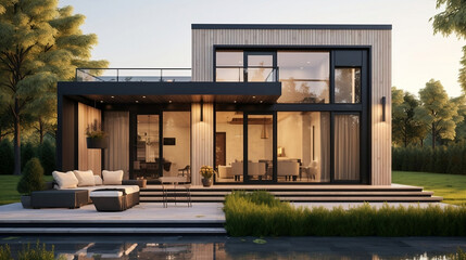 the design of the house is shown with a simple porch, in the style of modular design, dark bronze and light beig created with generative ai - obrazy, fototapety, plakaty