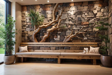 Wooden Bench in Luxury Living Room with Stone Wall with Branch of Tree, Wooden, Plant in Trendy Vase, using Generative Ai