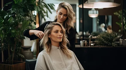 Rolgordijnen Beauty salon, female hairdresser doing hairstyle for young woman, brunette model in hair salon © somchai20162516