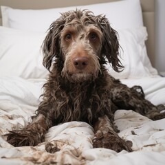 Cute dog with a guilty face is covered in mud sitting on a clean white bed, Generative AI