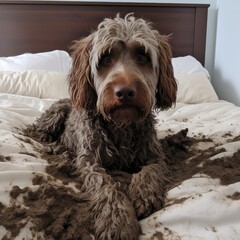 Cute dog with a guilty face is covered in mud sitting on a clean white bed, Generative AI