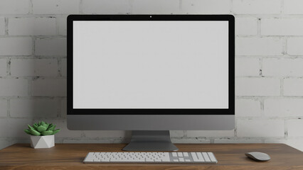 White Brick Wall Modern Computer Screen Desk Website Mockup